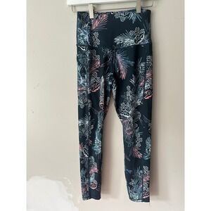 LegEnd Active Women Small Tropical Floral High Waisted Yoga Leggings Navy